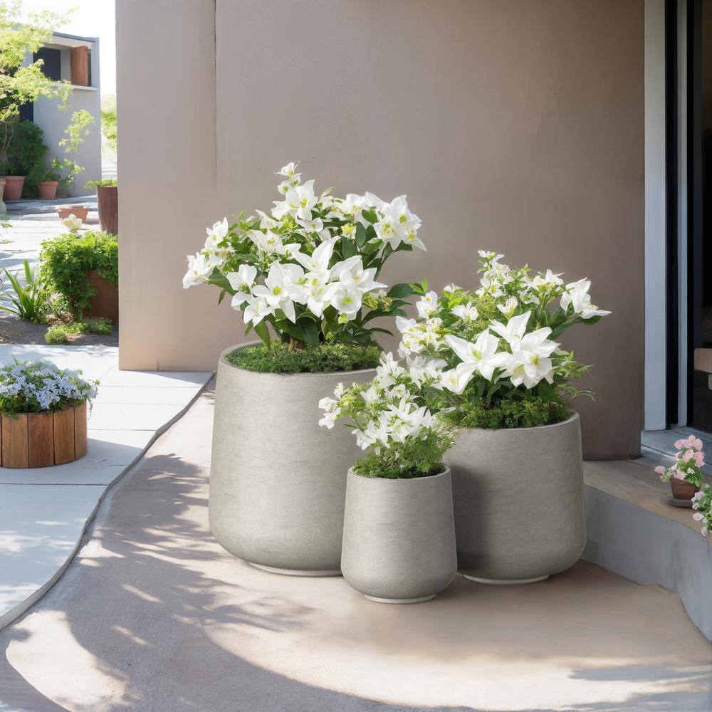 Sapcrete 15.5 in., 12 in., 8.5 in. Dia Light Gray Large Tall Round Concrete Plant Pot / Planter for Indoor and Outdoor Set of 3