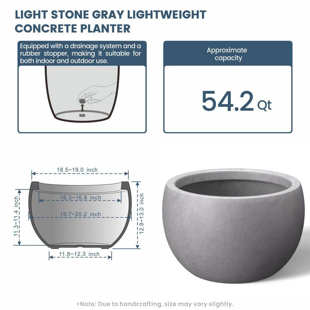 Morrava 20 in. Large Light Stone Gray Concrete Round Planter / Pot with Drainage Holes