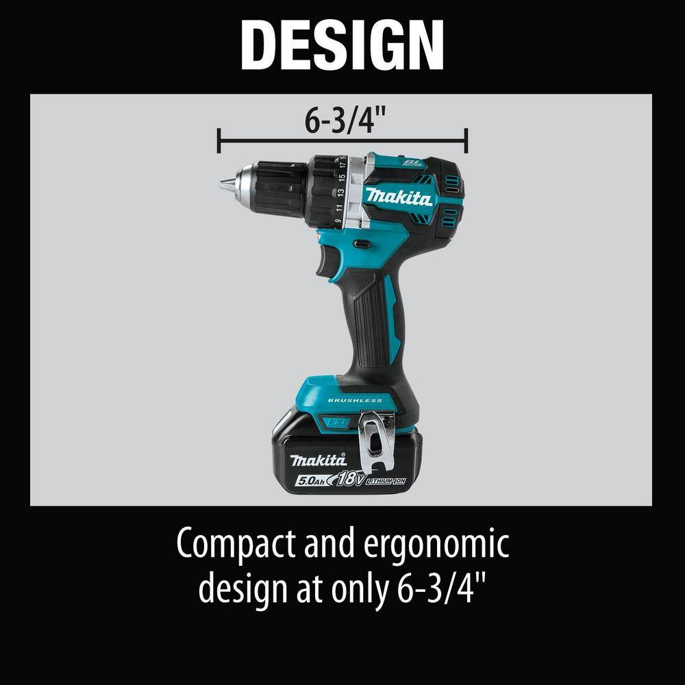 Makita 18V LXT Lithium-Ion Compact Brushless Cordless 1/2 in. Driver-Drill Kit with Two 5.0 Ah Batteries, Charger, Bag