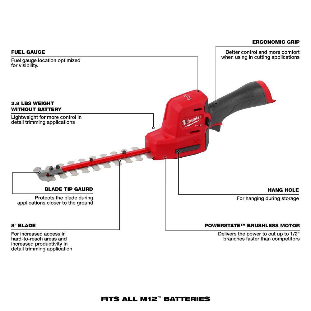 Milwaukee M12 FUEL 6 in. 12V Brushless Cordless Battery Powered Pruning Chainsaw HATCHET w/ M12 8 in. Hedge Trimmer