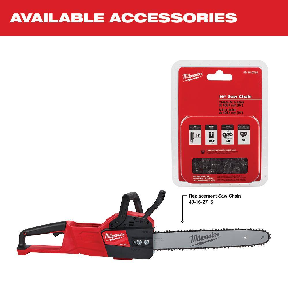 Milwaukee M18 FUEL 16 in. 18V Brushless Electric Battery Chainsaw (Tool-Only) with Extra 16 in. Chain & Clear Safety Glasses
