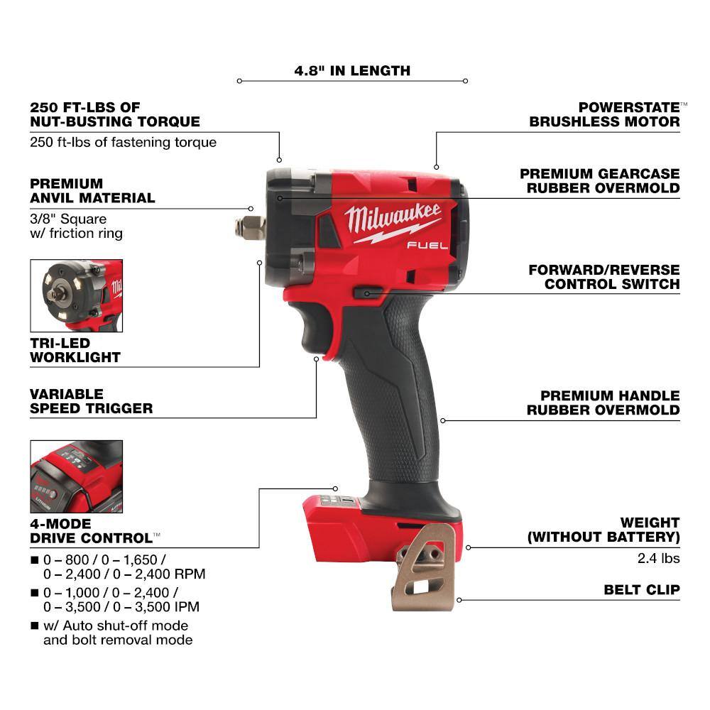 Milwaukee M18 FUEL 18V Lithium-Ion Brushless Cordless 1/4 in. Braking Die Grinder Slide Switch w/M18 3/8 in. Impact Wrench