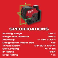 Milwaukee M12 12-Volt Lithium-Ion Cordless Green 125 ft. Cross Line and Plumb Points Laser Level Kit with 3.0 Ah Battery