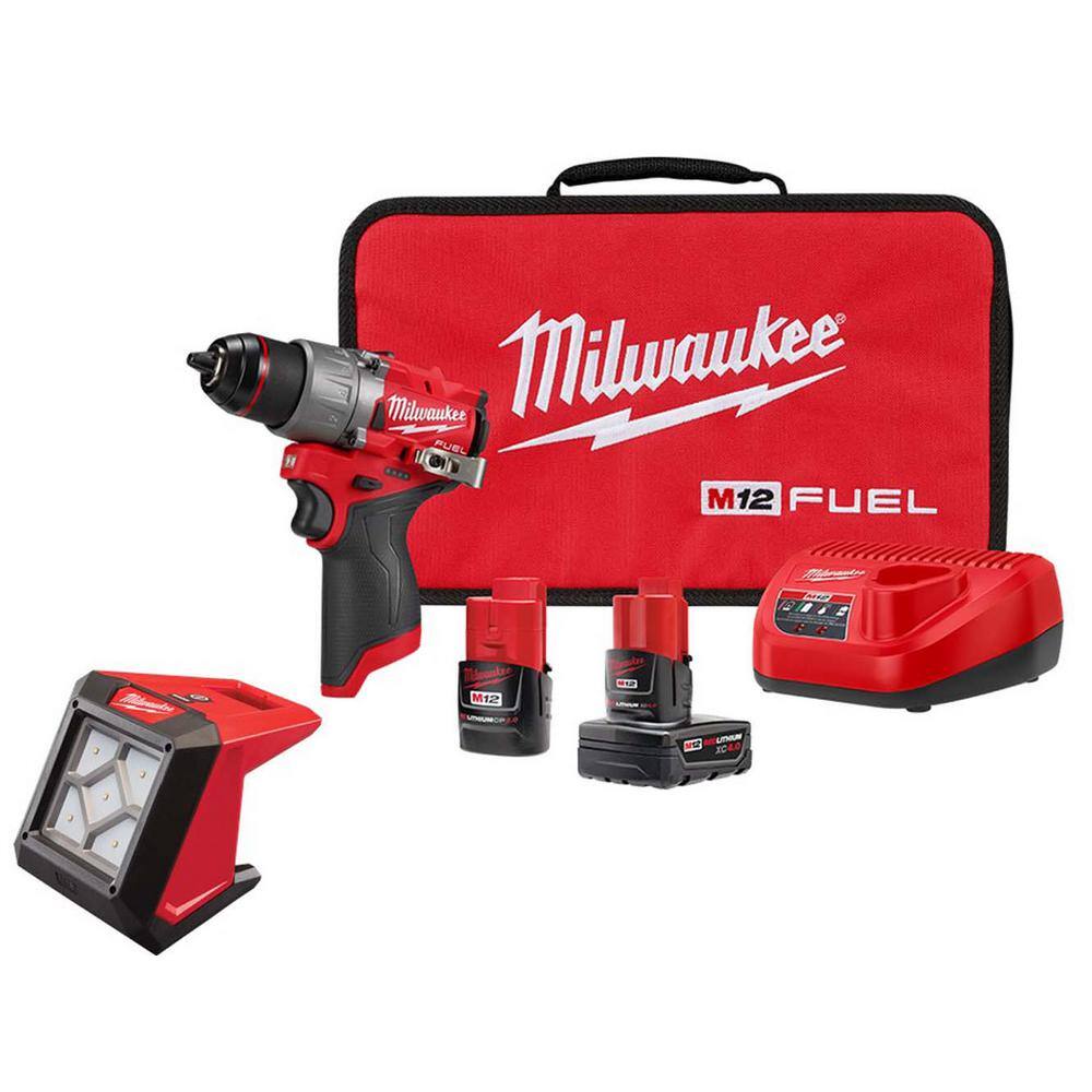 Milwaukee M12 FUEL 12-Volt Lithium-Ion Brushless Cordless 1/2 in. Drill Driver Kit with M12 LED Flood Light