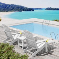Mximu White Outdoor Weather Resistant Folding Adirondack Chair with Integrated Pullout Ottoman and Cup Holder
