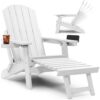 Mximu White Outdoor Weather Resistant Folding Adirondack Chair with Integrated Pullout Ottoman and Cup Holder