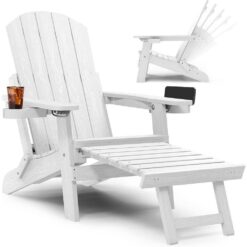 Mximu White Outdoor Weather Resistant Folding Adirondack Chair with Integrated Pullout Ottoman and Cup Holder