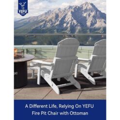 Mximu White Outdoor Weather Resistant Folding Adirondack Chair with Integrated Pullout Ottoman and Cup Holder