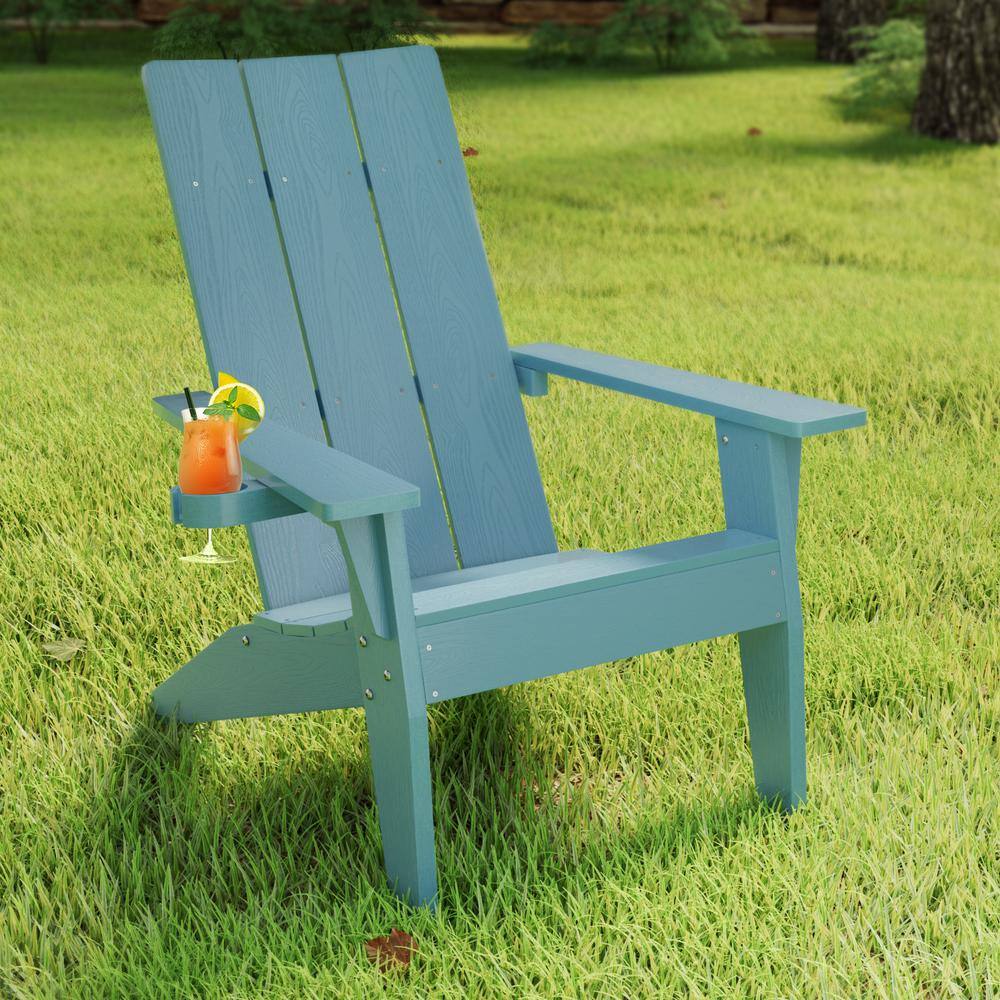 Mximu Oversize Modern Blue Plastic Outdoor Patio Adirondack Chair with Cup Holder