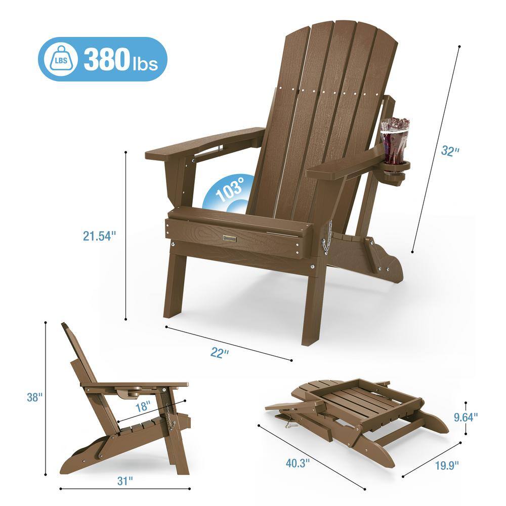 Mximu Teak HDPE Outdoor Folding Plastic Adirondack Chair with Cupholder
