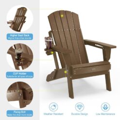 Mximu Teak HDPE Outdoor Folding Plastic Adirondack Chair with Cupholder