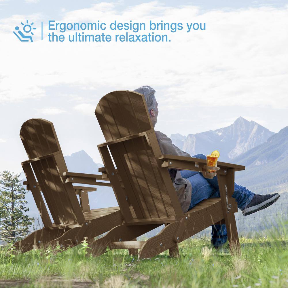 Mximu Teak HDPE Outdoor Folding Plastic Adirondack Chair with Cupholder