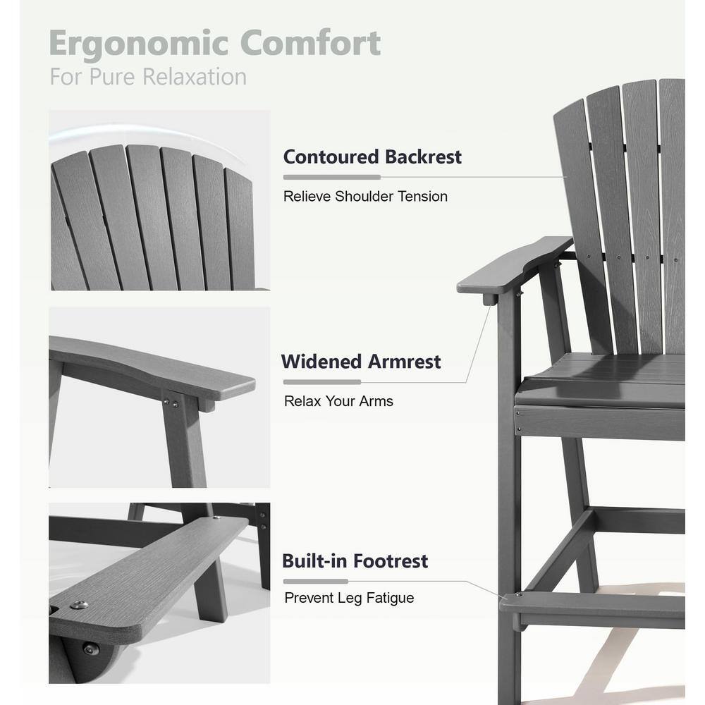 PASAMIC Light Grey HDPE Tall Adirondack Chair with Removable Double Connecting Trays for Deck, Balcony, Patio (2-Pack)