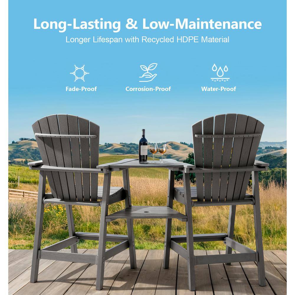 PASAMIC Light Grey HDPE Tall Adirondack Chair with Removable Double Connecting Trays for Deck, Balcony, Patio (2-Pack)