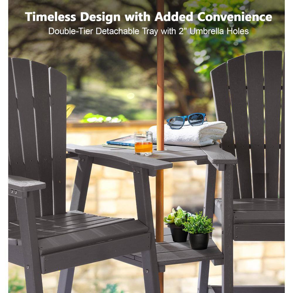 PASAMIC Light Grey HDPE Tall Adirondack Chair with Removable Double Connecting Trays for Deck, Balcony, Patio (2-Pack)