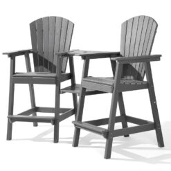 PASAMIC Light Grey HDPE Tall Adirondack Chair with Removable Double Connecting Trays for Deck, Balcony, Patio (2-Pack)