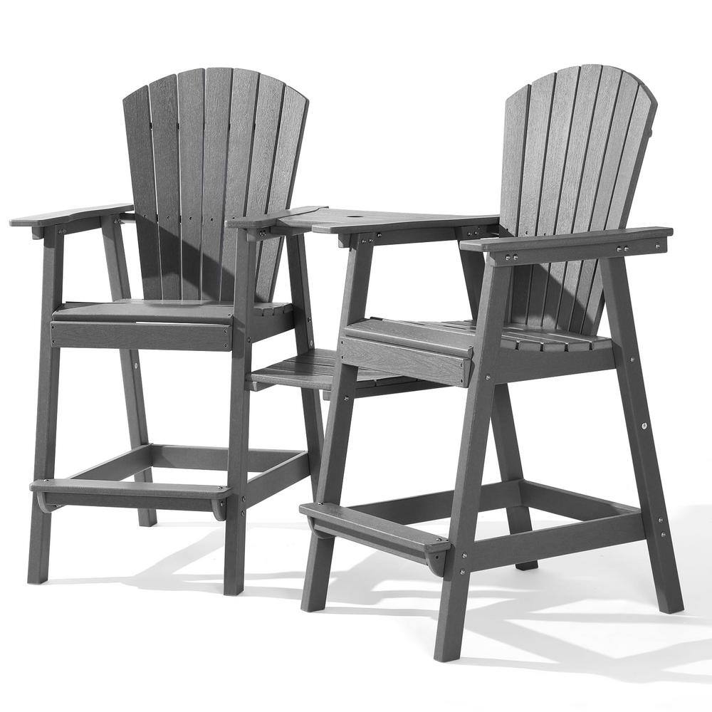 PASAMIC Light Grey HDPE Tall Adirondack Chair with Removable Double Connecting Trays for Deck, Balcony, Patio (2-Pack)