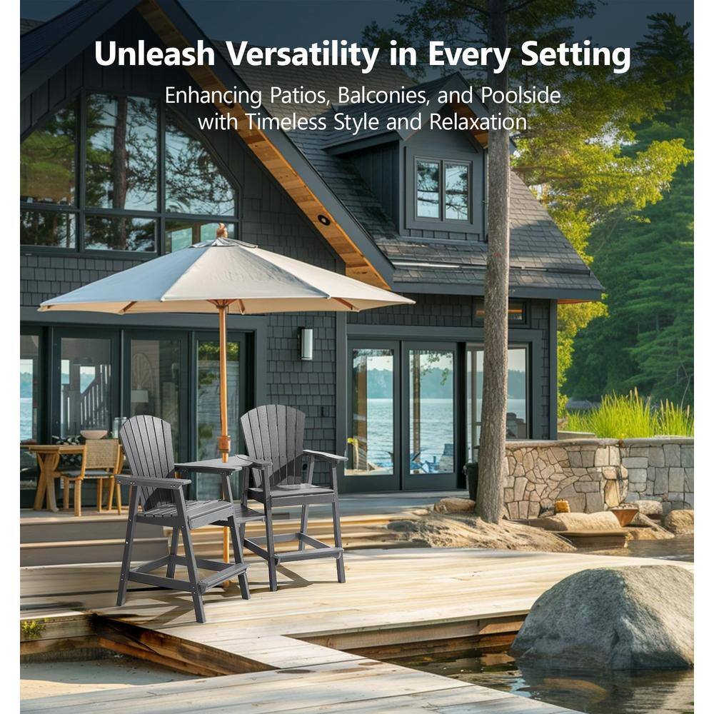 PASAMIC Light Grey HDPE Tall Adirondack Chair with Removable Double Connecting Trays for Deck, Balcony, Patio (2-Pack)