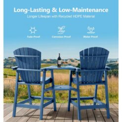 PASAMIC Blue HDPE Tall Adirondack Chair with Removable Double Connecting Trays for Deck, Balcony, Patio (2-Pack)