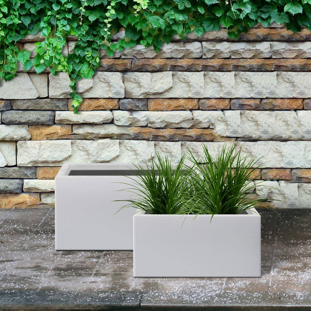 KANTE 32 in. and 24 in. L Light-Weight Pure White Concrete Rectangular Metal Planter Pots, with Drainage Hole (Set of 2)