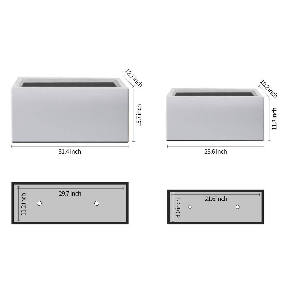 KANTE 32 in. and 24 in. L Light-Weight Pure White Concrete Rectangular Metal Planter Pots, with Drainage Hole (Set of 2)