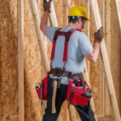 BUCKET BOSS 2-Bag Hybrid Suspension Rig Work Tool Belt with Suspenders in Red