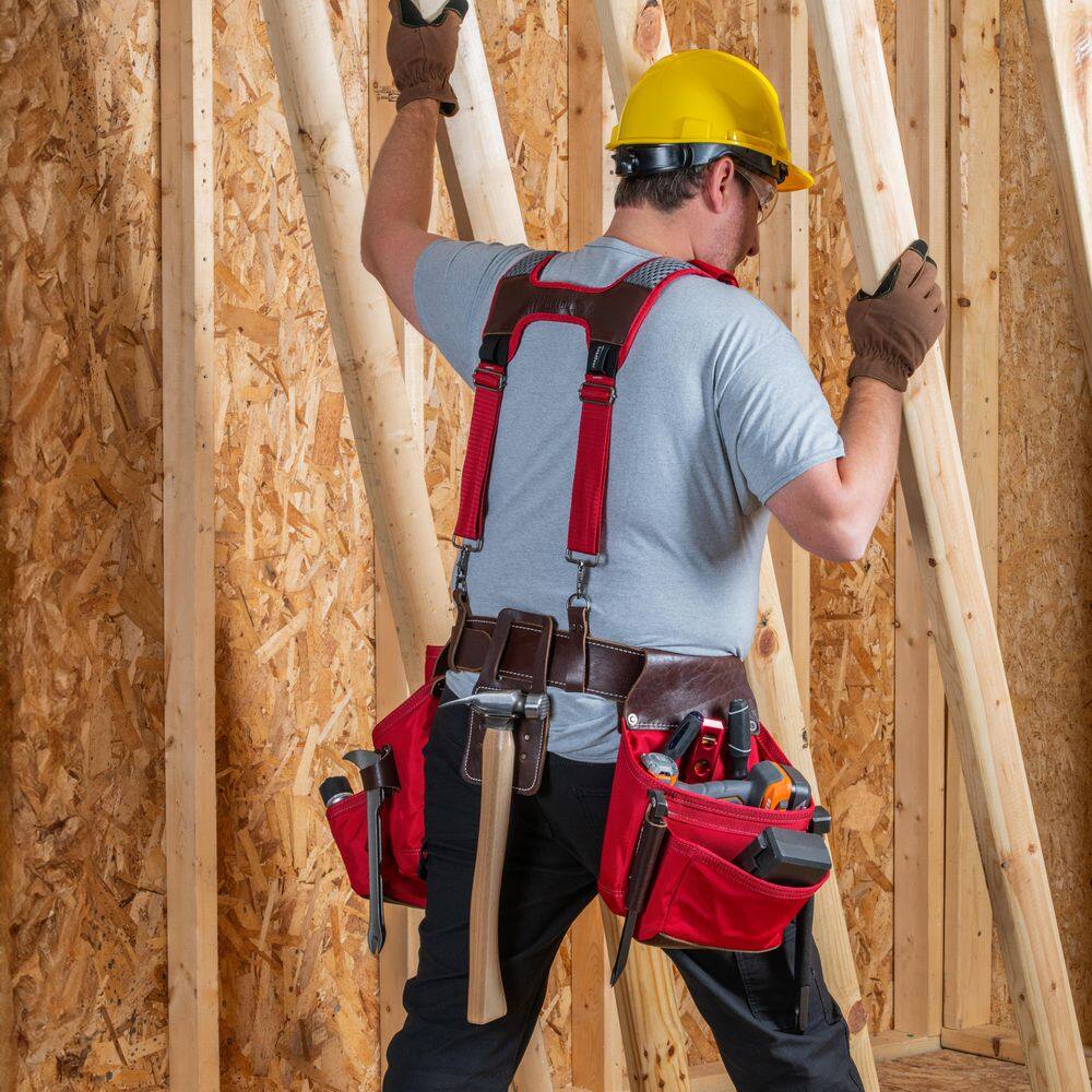 BUCKET BOSS 2-Bag Hybrid Suspension Rig Work Tool Belt with Suspenders in Red