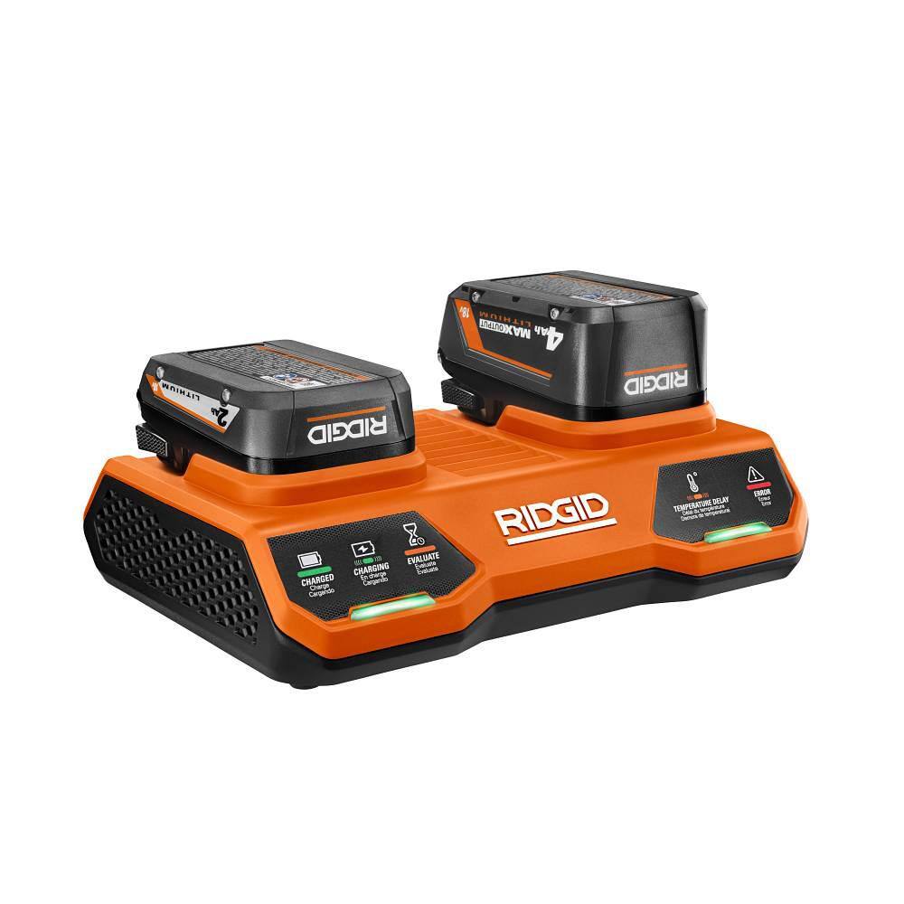RIDGID 18V Dual Port Simultaneous Charger with (2) 2.0 Ah Batteries, (2) 4.0 Ah Batteries