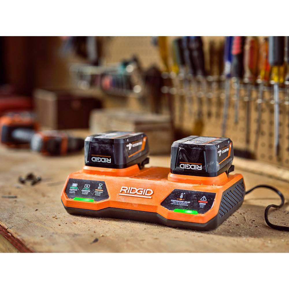 RIDGID 18V Dual Port Simultaneous Charger with (2) 2.0 Ah Batteries, (2) 4.0 Ah Batteries