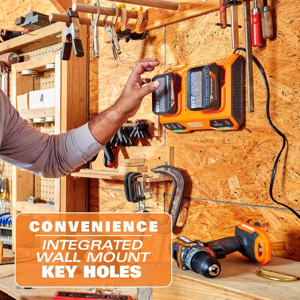 RIDGID 18V Dual Port Simultaneous Charger with (2) 2.0 Ah Batteries, (2) 4.0 Ah Batteries