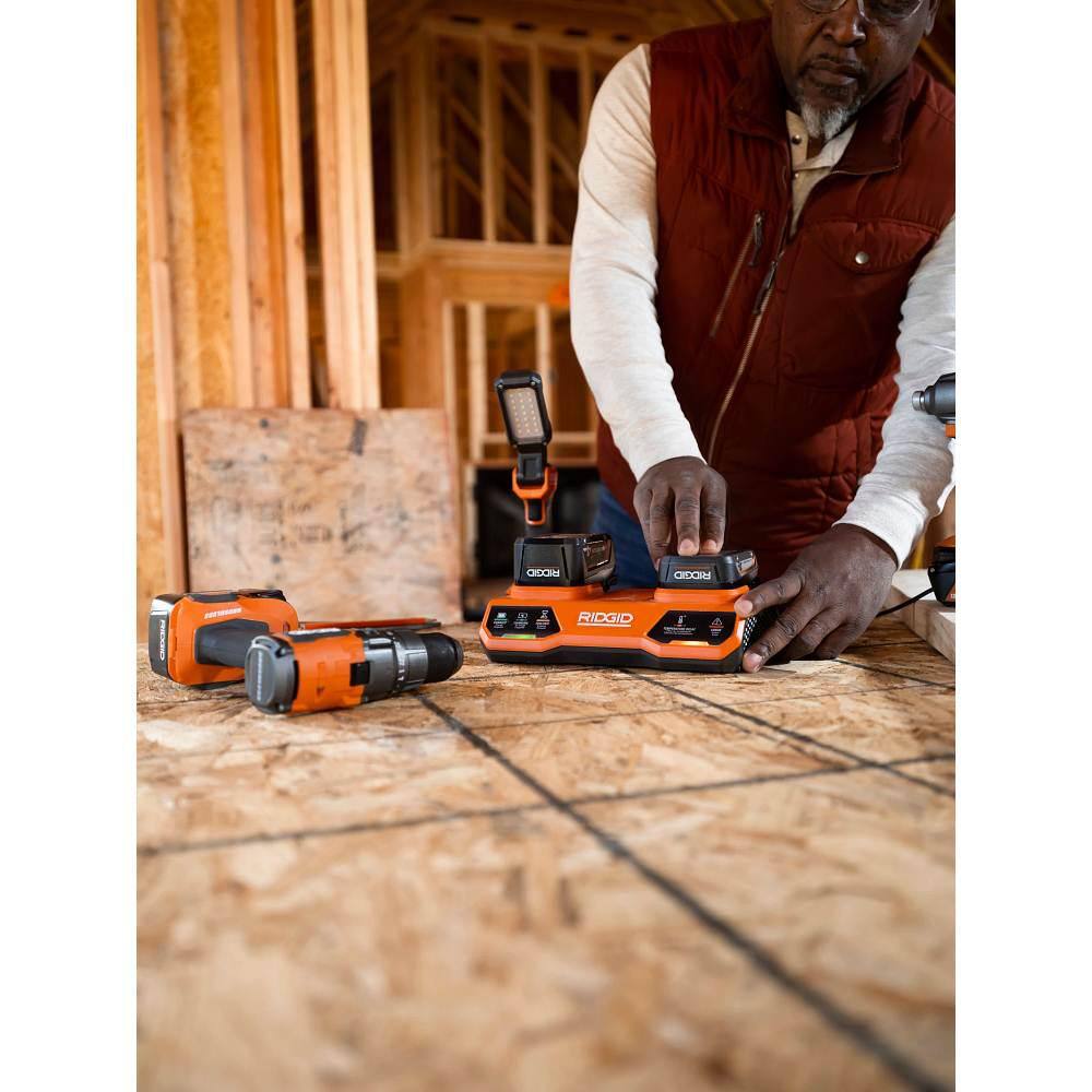 RIDGID 18V Dual Port Simultaneous Charger with (2) 2.0 Ah Batteries, (2) 4.0 Ah Batteries