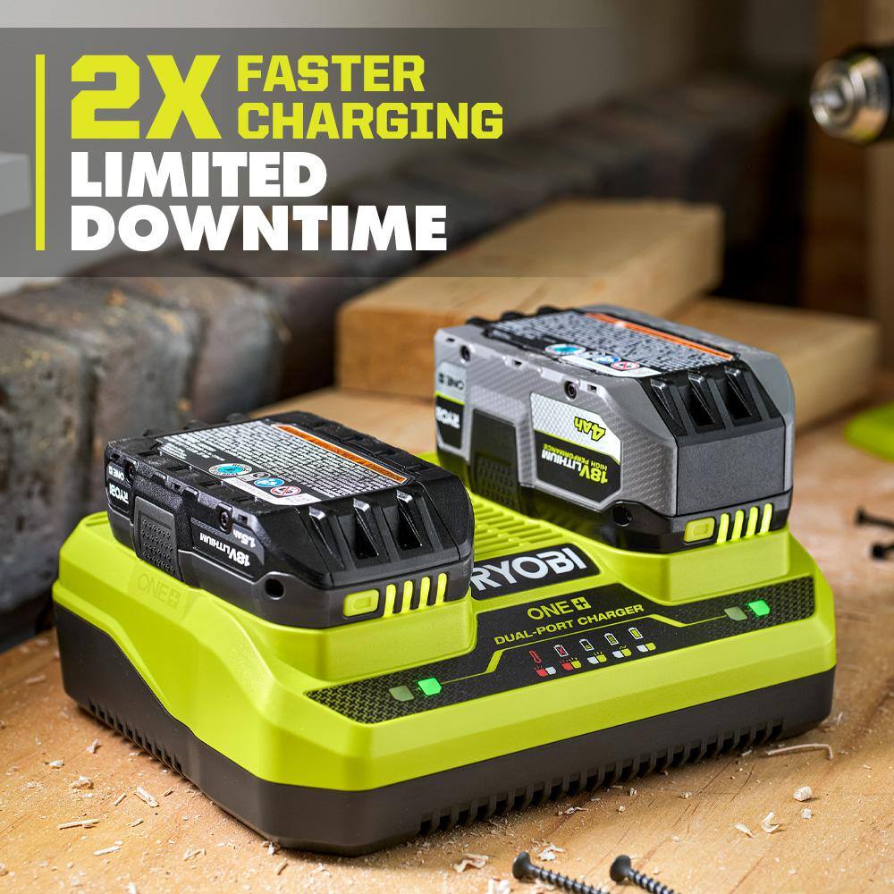 RYOBI ONE+ HP 18V (2) 4.0 Ah HIGH PERFORMANCE Batteries, 2.0 Ah HIGH PERFORMANCE Battery, and Dual-Port Charger Starter Kit