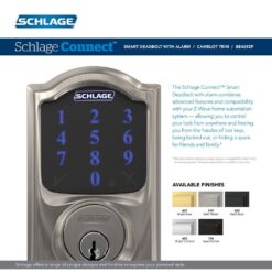 Schlage Camelot Satin Nickel Electronic Connect Smart Deadbolt with Alarm - Z-Wave Plus Enabled