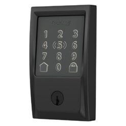 Schlage Century Matte Black Encode Plus Smart WiFi Deadbolt and Handleset Grip with Latitude Door Handle and Century Trim