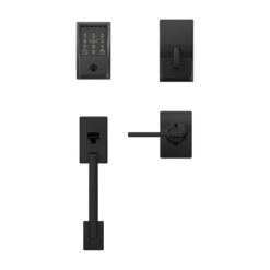 Schlage Century Matte Black Encode Plus Smart WiFi Deadbolt and Handleset Grip with Latitude Door Handle and Century Trim