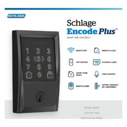 Schlage Century Matte Black Encode Plus Smart WiFi Deadbolt and Handleset Grip with Latitude Door Handle and Century Trim