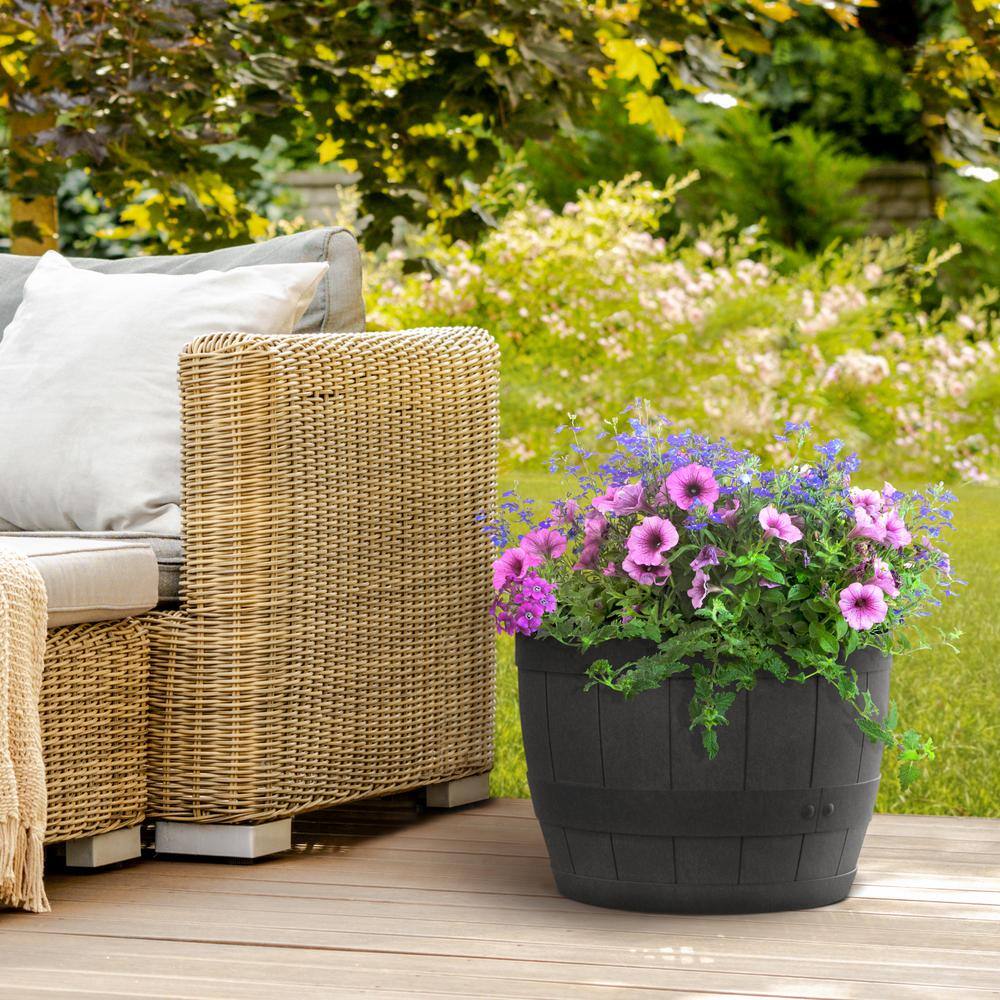 Tierra Verde 15 in. Barrel Black Indoor/Outdoor Recycled Rubber Self Watering Planter, (2-Pack)