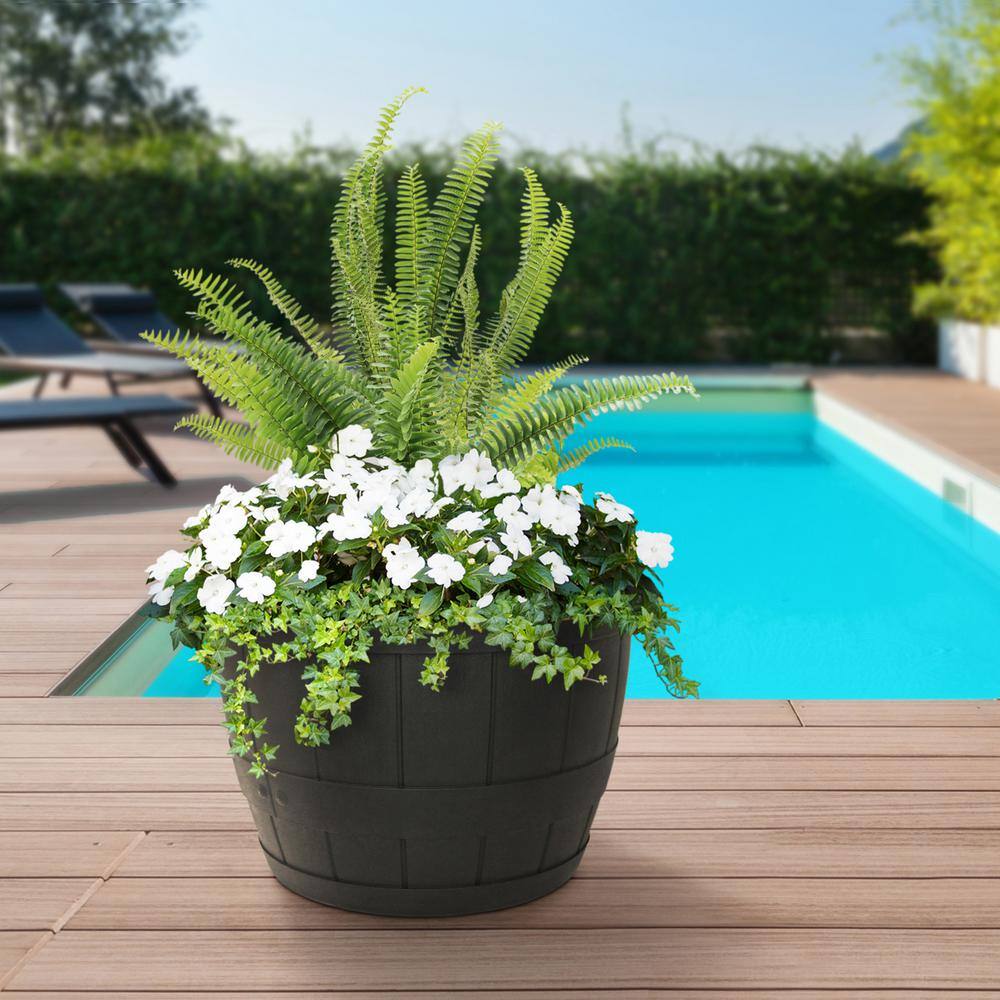 Tierra Verde 15 in. Barrel Black Indoor/Outdoor Recycled Rubber Self Watering Planter, (2-Pack)