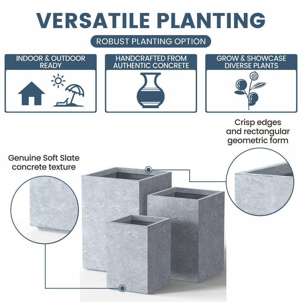 Sapcrete 12.5", 16", 18.5" H Lightweight Concrete Planters, Square Plant Pots with Drainage Hole for Indoor/Outdoor, Slate Gray