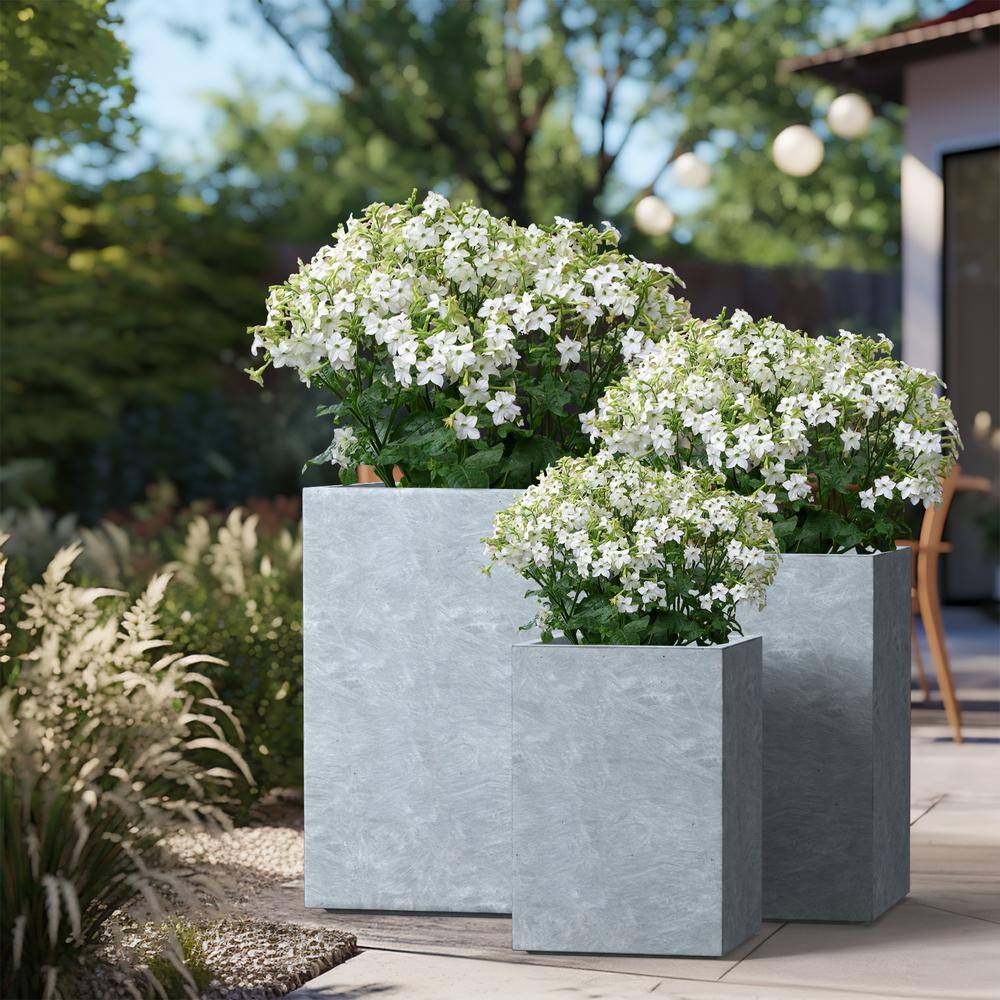 Sapcrete 12.5", 16", 18.5" H Lightweight Concrete Planters, Square Plant Pots with Drainage Hole for Indoor/Outdoor, Slate Gray