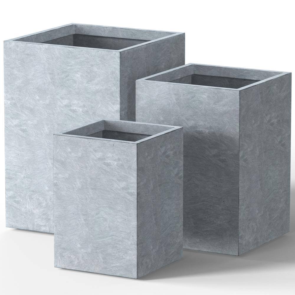Sapcrete 12.5", 16", 18.5" H Lightweight Concrete Planters, Square Plant Pots with Drainage Hole for Indoor/Outdoor, Slate Gray