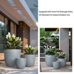 Sapcrete 10in., 14in., 18in. Dia Soft Slate Extra Large Tall Round Concrete Plant Pot / Planter for Indoor & Outdoor Set of 3