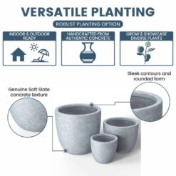 Sapcrete 10in., 14in., 18in. Dia Soft Slate Extra Large Tall Round Concrete Plant Pot / Planter for Indoor & Outdoor Set of 3