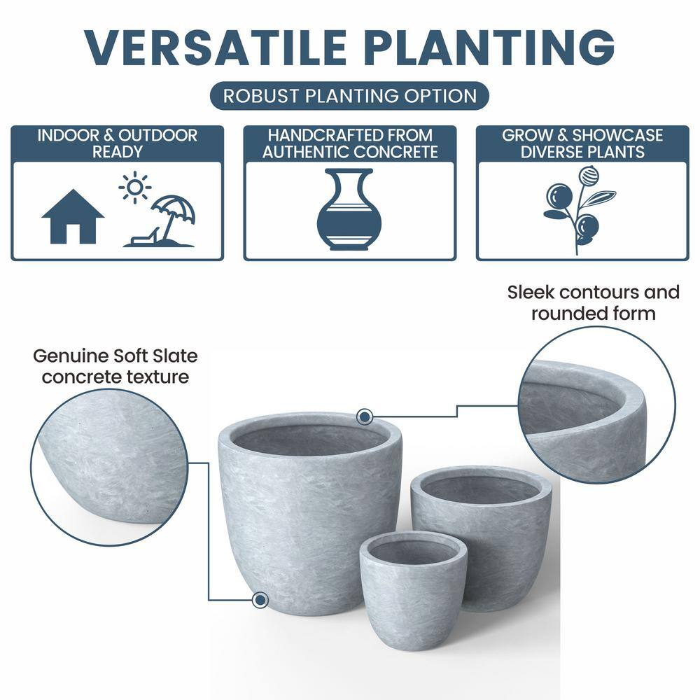 Sapcrete 10in., 14in., 18in. Dia Soft Slate Extra Large Tall Round Concrete Plant Pot / Planter for Indoor & Outdoor Set of 3