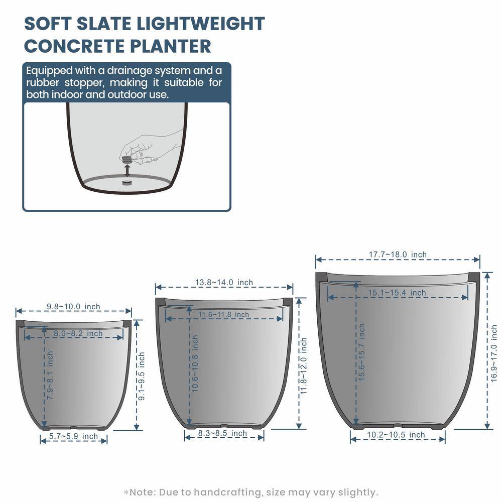 Sapcrete 10in., 14in., 18in. Dia Soft Slate Extra Large Tall Round Concrete Plant Pot / Planter for Indoor & Outdoor Set of 3
