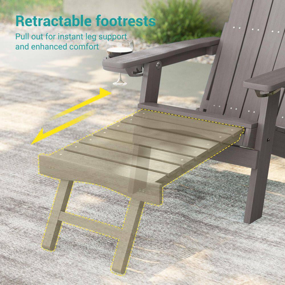 Sonkuki Brown Frame Folding Adirondack Chair with Retractable Ottoman, Weather Resistant Fire Pit Patio Chair with Cup Holder