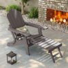 Sonkuki Brown Frame Folding Adirondack Chair with Retractable Ottoman, Weather Resistant Fire Pit Patio Chair with Cup Holder