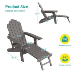 Sonkuki Brown Frame Folding Adirondack Chair with Retractable Ottoman, Weather Resistant Fire Pit Patio Chair with Cup Holder
