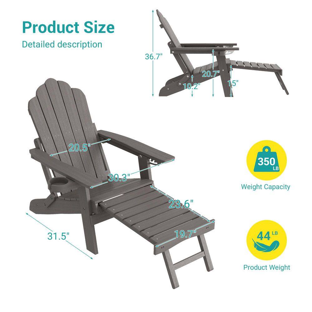 Sonkuki Brown Frame Folding Adirondack Chair with Retractable Ottoman, Weather Resistant Fire Pit Patio Chair with Cup Holder