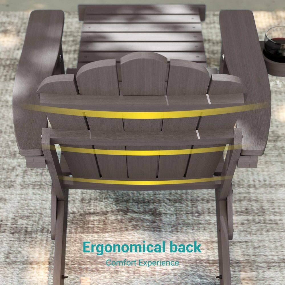 Sonkuki Brown Frame Folding Adirondack Chair with Retractable Ottoman, Weather Resistant Fire Pit Patio Chair with Cup Holder